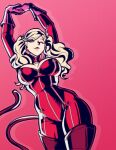  1girl absurdres arms_up blonde_hair blue_eyes bodysuit boots breasts cat_tail catsuit commentary earrings english_commentary full-length_zipper gloves hair_ornament hairclip highres jewelry large_breasts long_hair nico_artoo panther_(persona_5) persona persona_5 pink_gloves red_bodysuit smile stretching tail takamaki_ann thigh_boots twintails wide_hips zipper 