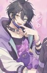  1boy absurdres bad_id bad_pixiv_id black_hair blue_eyes bracelet choker ensemble_stars! fingernails hair_between_eyes hair_ornament hairclip hand_up heart heterochromia highres hood hood_down hooded_jacket jacket jewelry kagehira_mika long_sleeves looking_at_viewer male_focus mask mouth_mask multiple_hairclips nail_polish necklace official_alternate_costume open_clothes open_jacket open_mouth outline pants poison_a_la_mode_(ensemble_stars!) reijiro ring short_hair smile solo spiked_choker spikes stuffed_animal stuffed_cat stuffed_toy teeth torn_clothes torn_pants unzipped upper_teeth_only white_outline yellow_eyes zipper 