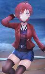  1girl absurdres against_railing arm_behind_head belt black_belt black_choker black_shirt black_thighhighs blue_eyes blue_shorts choker closed_mouth commentary_request earrings facial_mark feet_out_of_frame hanamasa_ono highres idolmaster idolmaster_million_live! idolmaster_million_live!_theater_days jacket jewelry julia_(idolmaster) julia_(private_dress)_(idolmaster) lapels light_smile long_sleeves looking_at_viewer night official_alternate_costume official_alternate_hairstyle open_clothes open_jacket outdoors plaid_clothes plaid_shorts print_shirt railing red_hair red_jacket shirt short_hair shorts skindentation solo star_(symbol) star_facial_mark thighhighs 