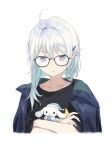  1girl absurdres ahoge aqua_hair asymmetrical_sidelocks black-framed_eyewear black_shirt blue_eyes blue_jacket ciel_(kamitsubaki_studio) cinnamoroll collarbone commentary_request cropped_torso crossed_arms daisi_gi glasses gradient_hair grey_hair hair_between_eyes hair_intakes hair_ornament hairclip highres jacket jacket_on_shoulders kamitsubaki_studio looking_at_viewer multicolored_hair open_clothes open_jacket parted_lips print_shirt sanrio shirt short_hair short_sleeves sidelocks simple_background solo t-shirt upper_body virtual_youtuber white_background 