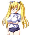  1girl blonde_hair blue_buruma blue_eyes blush breasts buruma cameltoe closed_mouth frown game_asset gym_uniform hair_ribbon kamei large_breasts large_variant_set long_hair non-web_source official_art ribbon seira_kamui seito_kaichou_hikaru self-datamine simple_background solo tachi-e transparent_background twintails variant_set 