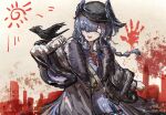  1girl ^_^ animal_on_arm arknights artist_name bird bird_on_arm black_coat black_hat blush chinese_commentary closed_eyes coat commentary_request cowboy_shot crown dress ears_visible_through_hair fang fur-trimmed_coat fur_trim happy hat highres long_hair long_sleeves mole mole_under_eye open_clothes open_coat open_mouth pointy_ears purple_dress purple_hair simple_background smile solo ukusik_(arknights) watermark wide_sleeves ymx 