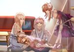  4girls :d absurdres brown_hair closed_mouth commentary_request couch full_body green_eyes grey_hair heaven_burns_red highres indoors kiryuu_miya kiryuu_miya_(vulpine_mystique) kr_woyue lap_pillow leaning_forward lolita_fashion long_hair lying multiple_girls ogasahara_hisame ogasahara_hisame_(desire_and_reverence) on_side open_mouth purple_eyes red_eyes shirakawa_yuina shirt sitting sketch sleeping sleeping_on_person smile standing sugawara_chie sugawara_chie_(fallen_innocence) table white_shirt yellow_eyes 