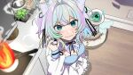  1girl @_@ aqua_eyes aqua_hair black_ribbon blue_hair blush bow breasts cellphone character_doll cleavage closed_mouth commentary doll electrical_outlet english_commentary eyelashes fire hair_bow hair_intakes highres holding holding_phone indie_virtual_youtuber indoors long_sleeves medium_hair mogumogumi multicolored_hair neck_ribbon official_art one-eyed pet_bed phone plant potted_plant purple_hair ribbon ring_light second-party_source smoke stove stuffed_toy sweatdrop two_side_up video_thumbnail virtual_youtuber white_bow wooden_floor youtube_video_thumbnail yupil_(yuy) yuy_(vtuber) 
