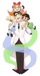  1boy 3girls bangs black_hair blonde_hair blossom_(ppg) blue_eyes blunt_bangs blush bow brown_eyes bubbles_(ppg) buttercup_(ppg) cheek_kiss eyebrows father_and_daughter flipped_hair girl_sandwich green_eyes hair_bow highres kiss labcoat long_hair looking_at_another multiple_girls one_eye_closed pink_eyes powerpuff_girls professor_utonium red_hair ringed_eyes sandwiched short_twintails siblings sisters tan_skin thick_eyebrows twintails 