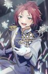  1boy absurdres bad_id bad_pixiv_id bangs_pinned_back cowboy_shot curtained_hair ensemble_stars! floating_hair gloves glowstick green_eyes hand_up headset highres isara_mao long_sleeves looking_at_viewer male_focus official_alternate_costume open_hand open_mouth penlight_(glowstick) red_hair reijiro satellite_(ensemble_stars!) short_hair smile snowflakes solo teeth white_gloves 