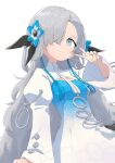  1girl absurdres blue_dress blue_eyes blue_flower blue_hair commentary_request dress expressionless flower gradient_clothes gradient_dress grey_hair hair_flower hair_ornament hair_over_one_eye highres isekaijoucho kamitsubaki_studio long_sleeves multicolored_hair nakamori_kemuri simple_background solo two-tone_dress two-tone_hair upper_body v virtual_youtuber white_background white_dress 