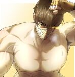  1boy abs bara biceps brown_eyes brown_hair commentary eikthyrnir_(fire_emblem) english_commentary exercising fingerless_gloves fire_emblem fire_emblem_heroes gloves glowing glowing_eyes highres large_pectorals looking_at_viewer male_focus manly mask masked mature_male mouth_mask muscular muscular_arms muscular_male nipples nude pectorals short_hair simple_background solo spiked_hair squat_(exercise) steam steaming_body sweat sweatdrop thick_eyebrows veins veiny_arms wet wyatt.w 
