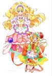  2girls apron blonde_hair blue_eyes bow bridal_gauntlets bun_cover clothing_cutout cure_finale cure_yum-yum delicious_party_precure double_bun dress dress_bow frilled_dress frills full_body gloves gold_tiara hair_bun hair_ornament hanamichi_ran hand_on_own_hip hat highres kasai_amane long_hair long_sleeves magical_girl mem-mem_(precure) multiple_girls open_mouth orange_dress pink_dress precure puffy_long_sleeves puffy_sleeves purple_sleeves red_eyes shirako_love shoes shoulder_cutout simple_background smile star_(symbol) star_hair_ornament tiara tilted_headwear white_apron white_background white_bridal_gauntlets white_gloves yellow_bow yellow_hat yellow_shoes 