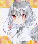  1girl black_hair black_wings blush collared_shirt commentary_request from_side hair_between_eyes hat highres kagome_f leaf looking_at_viewer looking_to_the_side maple_leaf puffy_short_sleeves puffy_sleeves red_eyes red_hair shameimaru_aya shikishi shirt short_sleeves solo top_hat touhou traditional_media upper_body white_shirt wings 