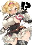  !? 1girl armor belt black_gloves blonde_hair blush boots breasts brown_eyes commentary djeeta_(granblue_fantasy) fingerless_gloves gauntlets gloves granblue_fantasy granblue_fantasy:_relink hairband highres large_breasts looking_at_viewer no_panties open_mouth orange_eyes pink_hairband shiagerrrrr short_hair shoulder_armor sideboob simple_background skindentation skirt solo sweat thigh_boots thighhighs thighs untranslatable_commentary white_background 