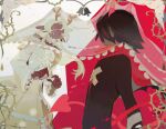 1girl 1other alternate_costume angel_and_devil animal_ears antlers art_fight_attack bell blonde_hair blood blood_on_clothes borrowed_design bow brown_fur brown_hair cape collar deer_antlers deer_ears deer_girl deltarune demon_horns demon_tail demon_wings detached_collar dress freckles frilled_collar frilled_sleeves frills from_behind furry furry_female gift_art highres horns kris_(deltarune) long_hair long_sleeves looking_at_another nikoco noelle_holiday red_cape red_horns red_wings short_hair tail tears thorns utdr_(toby_fox) veil white_background white_bow white_dress white_veil wings 