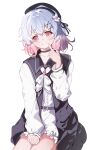  1girl absurdres belt beret black_choker black_coat black_hat center_frills choker closed_mouth coat collarbone collared_coat commentary flower flower-trimmed_shorts frills gradient_hair hair_flower hair_ornament hat hat_flower hat_ribbon highres lizisys long_sleeves looking_at_viewer mahou_shoujo_no_majo_saiban multicolored_hair neck_ribbon pants pink_eyes pink_hair ribbon sakuraba_ema shirt short_hair shorts simple_background sleeveless sleeveless_coat smile solo white_background white_flower white_hair white_pants white_ribbon white_shirt white_shorts white_sleeves x_hair_ornament 