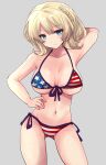  1girl absurdres alternate_costume american_flag american_flag_bikini american_flag_print arm_behind_head ass_visible_through_thighs bikini blonde_hair blue_eyes braid breasts colorado_(kancolle) cowboy_shot flag_print flag_print_bikini front-tie_bikini_top front-tie_top grey_background hand_on_own_hip highres hirune_(konekonelkk) kantai_collection large_breasts print_bikini short_hair side-tie_bikini_bottom side_braid simple_background solo swimsuit 