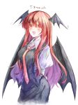  1girl bat_wings black_skirt black_vest black_wings breasts collared_shirt commentary_request cowboy_shot hair_between_eyes head_wings highres koakuma long_hair necktie open_mouth red_hair red_necktie shirt simple_background skirt smile solo tadugane touhou vest white_background white_shirt wings 