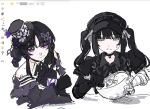  2girls arki_hrzoi arm_belt art_program_in_frame asymmetrical_gloves bandaged_arm bandaged_hand bandages bare_shoulders black_choker black_coat black_dress black_gloves black_hair black_hat black_kimono black_ribbon bow bowl butterfly_hair_ornament butterfly_hat_ornament checkered_sleeves choker closed_mouth coat collared_dress commentary_request dress flower furisode gloves goggles goggles_on_headwear grey_eyes hair_ornament hat hat_flower hat_ornament highres holding holding_bowl holding_mixing_bowl holding_whisk housho_margo japanese_clothes kimono kurobe_nanoka lolita_fashion long_hair long_sleeves mahou_shoujo_no_majo_saiban mini_hat mini_top_hat multiple_girls neck_ribbon off-shoulder_dress off_shoulder purple_eyes ribbon short_hair simple_background smile top_hat twintails wa_lolita whisk white_background wide_sleeves 