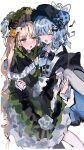  1l9m9 2girls bird_hat_ornament black_bow black_bowtie black_capelet black_flower black_hat black_rose blonde_hair blue_hair blue_necktie blue_skirt blush_stickers bonnet bow bow_flower bowtie braid braided_hair_rings capelet carrying closed_eyes collared_shirt commentary_request deerstalker dress flower frilled_capelet frilled_dress frilled_skirt frilled_sleeves frills green_bonnet green_eyes hair_bow hair_flower hair_ornament hair_rings hat hat_bow highres lolita_fashion long_hair long_sleeves mahou_shoujo_no_majo_saiban multiple_girls musical_note necktie open_mouth pantyhose princess_carry rose shirt short_hair simple_background skirt smile tachibana_sherry tono_hanna twintails two-tone_dress vest white_background white_flower white_pantyhose white_rose white_shirt wide_sleeves winged_hat yellow_flower yellow_rose yuri 