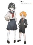  1boy 1girl absurdres backpack bag bandaid bandaid_on_cheek bandaid_on_face bkg0303 black_hair black_jacket black_shoes black_shorts black_skirt bleach child commentary_request crossed_bangs green_eyes hand_on_own_hip highres if_they_mated inoue_orihime jacket kneehighs korean_commentary korean_text loafers long_sleeves medium_hair medium_skirt necktie one_eye_closed open_mouth orange_eyes orange_hair pleated_skirt red_necktie school_uniform serafuku shoes shorts skirt smile socks translated ulquiorra_cifer white_socks 