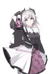  1girl :o absurdres arknights arm_up artist_name black_cape black_gloves black_shirt cape chinese_commentary commentary_request cowboy_shot english_commentary gloves grey_eyes grey_hair highres holding holding_lantern irene_(arknights) lantern long_hair long_sleeves mixed-language_commentary parted_lips partial_commentary pink_pupils pink_skirt pleated_skirt shirt simple_background skirt solo split_mouth standing torn_cape torn_clothes watermark white_background white_shirt white_skirt xi_yue_qiu_hua_official 