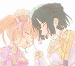  2girls :d bang_dream! bang_dream!_girls_band_party! breasts cerise_bouquet cleavage closed_eyes commentary cosplay facing_another flower hair_bun highres hinoshita_kaho holding_hands interlocked_fingers love_live! love_live!_hasu_no_sora_jogakuin_school_idol_club maruyama_aya maruyama_aya_(cosplay) medium_breasts medium_hair momose_ginko mou_ichido_luminous multiple_girls official_alternate_costume open_mouth porari profile shirasagi_chisato shirasagi_chisato_(cosplay) short_hair sidelocks simple_background single_side_bun smile teeth twintails upper_teeth_only virtual_youtuber white_background white_flower 