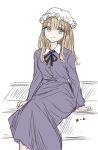  1girl absurdres arm_rest black_ribbon blonde_hair buttons character_name closed_mouth commentary_request dress hair_between_eyes hat highres kashiwada_kiiho long_sleeves looking_at_viewer maribel_hearn mob_cap neck_ribbon purple_dress purple_eyes ribbon sitting smile solo touhou translated white_hat 