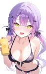  1girl :d absurdres bikini black_bikini black_bow bottle bow braid breasts cleavage colored_inner_hair demon_girl demon_tail double-parted_bangs ear_piercing earrings fangs frilled_bikini frills front-tie_bikini_top front-tie_top gradient_hair green_eyes hair_between_eyes hair_bow hair_ornament hairclip half_crown_braid highres holding holding_bottle hololive jewelry leaning_forward long_hair looking_at_viewer medium_breasts multicolored_hair navel nekonosuke open_mouth paid_reward_available parallel_hairclips piercing pink_hair pointy_ears purple_hair simple_background smile solo spiked_ear_piercing stomach swimsuit tail teeth tokoyami_towa twintails upper_teeth_only virtual_youtuber white_background 