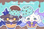  2others :d :q aqua_background artist_name bell black_sclera black_wings blue_horns brown_background character_name chibikemo chocolate claws closed_mouth colored_sclera commentary_request debidebi_debiru demon demon_horns demon_wings diagonal-striped_background english_text facial_mark food food_on_head forehead_mark furry gem green_eyes grey_fur horns ice_cream ice_cream_cone jingle_bell licking_lips looking_at_viewer lunlun_(nijisanji) mint_chocolate multiple_horns multiple_others neck_bell nijisanji object_on_head open_mouth outline purple_gem rope smile sprinkles striped_background tongue tongue_out twitter_username virtual_youtuber white_fur white_outline wings yanagi_(sham0o081) yellow_eyes 