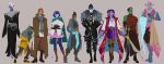  1girl 5boys absurdres armor beard_stubble beauregard_lionett black_hair blue_facepaint blue_hair blue_lips blue_skin boots caduceus_clay caleb_widogast capelet clothing_aside coat colored_skin column_lineup commentary critical_role curled_horns curly_hair curved_horns dark-skinned_female dark_elf dark_skin demon_girl demon_horns demon_tail dress dungeons_&amp;_dragons ear_chain elf english_commentary essek_thelyss facial_hair female_goblin fjord_stone freckles fur-trimmed_armor fur_trim gloves goblin green_capelet green_hood green_skin height_difference highres horns jester_lavorre jewelry lineup linked_piercing loincloth loincloth_aside long_hair loose_pants mature_male mollymauk_tealeaf monk multiple_boys nott_the_brave orc piercing pointy_ears robe short_hair simple_background stubble tail tbgkaru the_mighty_nein tiefling toned toned_female yasha_nydoorin 