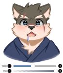  1boy apizbau art_program_in_frame blue_kimono blush brown_fur drooling english_commentary fangs furry furry_male highres japanese_clothes kimono looking_at_viewer male_focus moritaka_(housamo) open_mouth saliva scar scar_across_eyebrow scar_on_cheek scar_on_face scar_on_nose tokyo_afterschool_summoners upper_body yukata 