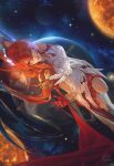  1girl breasts cape commentary dress english_commentary epaulettes gloves hair_between_eyes highres himeko_(honkai:_star_rail) himeko_(nova)_(honkai:_star_rail) honkai:_star_rail honkai_(series) jewelry large_breasts long_hair lying mature_female on_back planet raikoart red_cape red_gloves red_hair reflection solo space star_(sky) white_dress white_gloves yellow_eyes 