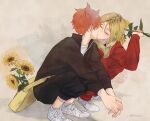  2boys arms_on_knees black_jacket black_pants black_shirt black_track_suit blonde_hair caheoarts closed_eyes commentary_request crossbody_bag flower french_kiss grey_background haikyuu!! highres hinata_shouyou holding holding_flower hood hood_down interlocked_fingers jacket jacket_over_hoodie kiss kozume_kenma male_focus multicolored_hair multiple_boys orange_hair pants red_track_suit roots_(hair) shirt shoes short_hair simple_background socks squatting sunflower t-shirt track_suit twitter_username two-tone_hair undershirt white_shirt white_shoes white_socks yaoi 