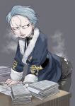  1girl bent_over blue_eyes blue_hair bright_pupils commentary_request cyllene_(pokemon) desk forehead fur-trimmed_sleeves fur_trim galaxy_team_survey_corps_uniform long_sleeves looking_to_the_side lower_teeth_only no_eyebrows open_mouth paper paper_stack paperwork pokemon pokemon_legends:_arceus short_hair solo steaming_body sweat teeth tomotsuka_haruomi very_short_hair white_pupils 