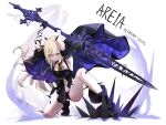  absurdres alchemy_stars areia_(alchemy_stars) black_gloves blonde_hair boots celtic_cross chain cloak commentary cross english_commentary english_text fishnets full_body gloves gold_chain highres long_hair lotan overhead_swing short_shorts shorts spikes squatting sword thorns two-handed_sword weapon 