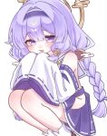  1girl braid cloud_hair_ornament commentary_request crescent crescent_hair_ornament egasumi geta hair_intakes hair_ornament hair_ribbon hairband hakama hakama_skirt highres japanese_clothes legs_together light_blush long_hair looking_at_viewer low_twin_braids nontraditional_miko open_mouth purple_eyes purple_hair purple_hairband purple_ribbon ribbon simple_background skirt smile solo squatting tabi trickcal twin_braids ustya_0 very_long_hair white_background yomi_(trickcal) 