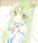  1girl bare_shoulders bow box closed_mouth collared_shirt commentary_request detached_sleeves frog_hair_ornament green_eyes green_hair hair_ornament hair_tubes heart heart-shaped_box holding holding_box kagome_f kochiya_sanae long_hair long_sleeves looking_at_viewer shirt single_hair_tube smile solo touhou traditional_media upper_body white_shirt white_sleeves wide_sleeves yellow_bow 