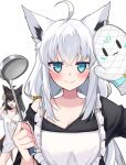  2girls ahoge animal_ears apron black_hair black_shirt blue_eyes blurry blurry_background blush character_print commentary_request crossed_bangs fox_ears fox_girl holding holding_ladle hololive kurokami_fubuki ladle long_hair looking_at_viewer low_twintails mittens multiple_girls oven_mitts shirakami_fubuki shirt simple_background smile sukonbu_(shirakami_fubuki) tako_8_yaki twintails upper_body virtual_youtuber white_apron white_background white_hair white_shirt yawning 
