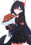  1girl armband black_choker black_gloves black_hair black_sailor_collar black_serafuku black_wings blue_archive bouquet choker closed_eyes commentary confetti cowboy_shot facing_viewer feathered_wings flower gloves grin hair_ornament hairclip halo highres hugging_object ichika_(blue_archive) long_hair low_wings miniskirt neckerchief pleated_skirt red_armband red_flower red_halo red_neckerchief red_rose rose safety_pin sailor_collar school_uniform serafuku simple_background skirt smile solo tah_noey very_long_hair white_background wings 