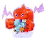  commentary_request mudkip no_humans pokemon pokemon_(creature) pokemon_focus purple_eyes rotom rotom_(frost) simple_background sparkle white_background yoshizaki_kan 