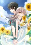  10ko2130 1boy 1girl alternate_costume black_hair blue_sky commentary_request dan_heng_(feast)_(honkai:_star_rail) dan_heng_(honkai:_star_rail) day dress field flower flower_field green_eyes green_shirt grey_hair hetero highres holding holding_flower holding_hands honkai:_star_rail honkai_(series) long_hair shirt short_hair sky sleeveless sleeveless_dress stelle_(honkai:_star_rail) sundress sunflower sunflower_field trailblazer_(honkai:_star_rail) white_dress yellow_eyes 