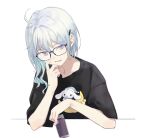  1girl absurdres ahoge aqua_hair black-framed_eyewear black_shirt blue_eyes ciel_(kamitsubaki_studio) cinnamoroll collarbone commentary_request cup daisi_gi drinking_glass elbow_rest glasses gradient_hair grey_hair hair_between_eyes hair_intakes hair_ornament hairclip hand_on_own_face hand_up head_tilt highres holding holding_cup kamitsubaki_studio lower_teeth_only medium_hair multicolored_hair open_mouth print_shirt sanrio shirt short_sleeves simple_background solo t-shirt teeth upper_body virtual_youtuber white_background 