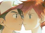  1boy 1girl aihara-rina ash_ketchum baseball_cap black_hair blue_eyes blush brown_eyes commentary_request dated eye_contact face-to-face from_side hair_between_eyes hat hetero high_side_ponytail highres looking_at_another misty_(pokemon) orange_hair parted_lips pokemon pokemon_(anime) pokemon_(classic_anime) red_hat short_hair side_ponytail signature upper_body 