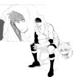  1boy @_@ animal_ears basketball_jersey basketball_shorts basketball_uniform bike_shorts bike_shorts_under_shorts black_eyes black_hair black_shoes black_socks cat_boy cat_ears cat_tail chibi chibi_inset choi_jongsu close-up elbow_sleeve full_body garbage_time greyscale highres knee_sleeve lower_eyelashes_only male_focus messy_hair monochrome multiple_views muscular muscular_male number_print own_hands_clasped own_hands_together portrait shoes short_hair shorts simple_background sitting sketch sneakers socks solo sportswear tail tank_top towel towel_on_head ununtied white_background white_shorts white_tank_top 