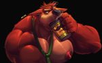  anthro bdsm beverage biceps big_biceps black_eyes black_nose brown_fur brown_hair can canine clothed clothing coffee cursedmarked dog drinking food front_view fur hair hi_res holding_object male mammal manly mature_male muscular muscular_male necktie nipples open_mouth paws pecs relaxing simple_background solo steam tired topless 