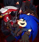  2boys absurdres artist_name bell black_fur blood blood_on_face blue_fur chaps commentary cowbell cowboy_hat fangs furry furry_male gun hat hedgehog_boy highres holding holding_another's_hat holding_gun holding_weapon kou_sonic looking_at_viewer male_focus multiple_boys open_mouth shadow_the_hedgehog shadow_the_hedgehog_(outlaw) smile sonic_(series) sonic_forces:_speed_battle sonic_the_hedgehog sonic_the_hedgehog_(sheriff) spurs twitter_username untranslatable_commentary weapon 