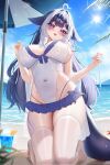  1girl :3 ahoge alternate_costume animal_ears bamboo14455 beach beach_umbrella black_hair blue_bow blue_skirt blush body_markings bow breasts cat_ears cetacean_tail commentary covered_navel drink drinking_straw droopy_ears english_commentary fins fish_tail food fruit glass heart heart_ahoge highres indie_virtual_youtuber kneeling large_breasts long_hair looking_at_viewer microskirt multicolored_hair ocean one-piece_swimsuit open_mouth orange_(fruit) orca_girl outdoors purple_eyes ribbon sand see-through_clothes see-through_thighhighs shiny_skin shiny_swimsuit shylily skirt solo streaked_hair sun swimsuit tail thighhighs umbrella virtual_youtuber water white_hair white_one-piece_swimsuit white_thighhighs 