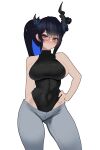  1girl absurdres alternate_costume asymmetrical_horns black_hair black_leotard blush breasts commentary demon_horns glasses grey_pants hand_on_own_hip highres hololive hololive_english horns large_breasts leotard n4hkz nerissa_ravencroft pants ponytail red_eyes virtual_youtuber 
