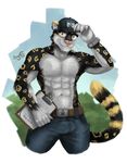  abs anthro bulge clothed clothing dognextdoor erection eyewear feline glasses hat jaguar looking_at_viewer male mammal muscular navel outside smile solo standing 