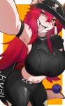  1girl absurdres black_nails black_pants black_shirt breasts cleavage dragon_girl dragon_horns dragon_tail highres horns krisgbeanie large_breasts long_hair looking_at_viewer middle_finger nail_polish open_mouth pants red_hair shirt smile socks_agency solo tail tongue tongue_out virtual_youtuber yellow_eyes zentreya zentreya_(dragon) zentreya_(dragon)_(workout) 
