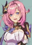  1girl black_shrug blue_background blue_eyes breasts cleavage corset elf elysia_(honkai_impact) elysia_(miss_pink_elf)_(honkai_impact) hair_ornament highres honkai_(series) honkai_impact_3rd large_breasts long_hair looking_at_viewer mmhy_hk pink_hair pointy_ears shrug_(clothing) simple_background smile solo twitter_username upper_body very_long_hair white_corset 