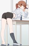  1girl absurdres ass bent_over bike_shorts black_shorts black_socks blush_stickers bound bound_wrists breasts brown_eyes brown_hair closed_mouth clothes_lift commentary_request desk grey_shirt highres indoors kopaka_(karda_nui) long_sleeves looking_at_viewer looking_to_the_side medium_breasts original ponytail ribbed_socks school_desk school_uniform shirt shirt_lift shirt_rolled_up shoes shorts single_sock socks solo uwabaki wavy_mouth white_shoes window 